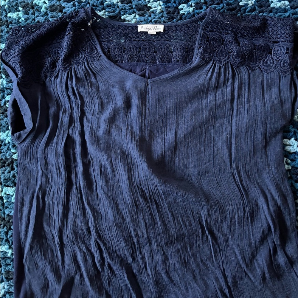 Blue Ribbed Cap Sleeve Blouse